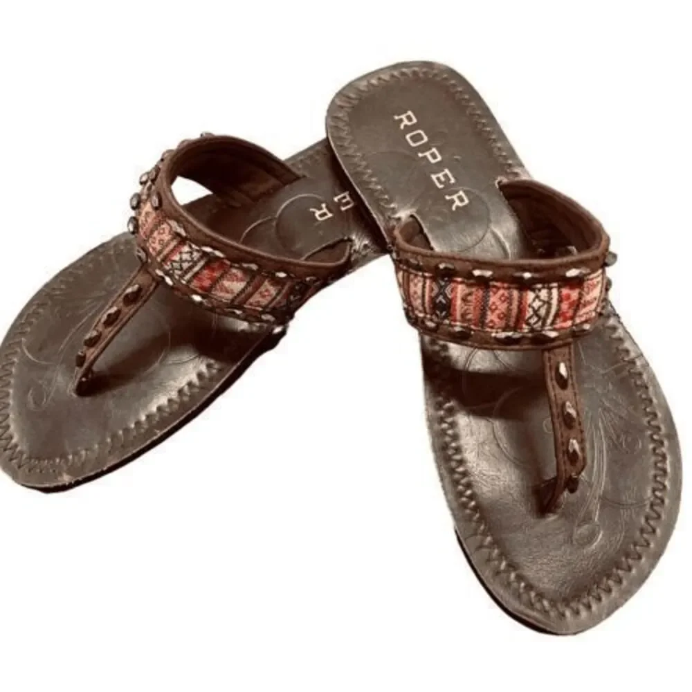 Roper Brown Leather Padded Western-Inspired Striped T-Strap Sandals — SZ 6.5 EUC
